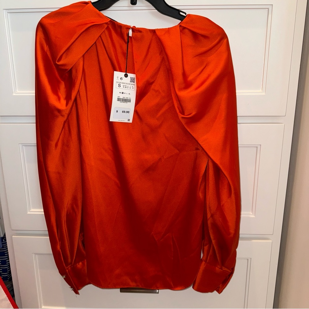 ZARA WOMAN ORANGE SATIN VOLUMINOUS SLEEVE BLOUSE SIZE Small - Picture 6 of 11